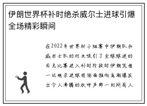 伊朗世界杯补时绝杀威尔士进球引爆全场精彩瞬间