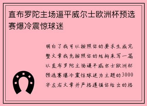 直布罗陀主场逼平威尔士欧洲杯预选赛爆冷震惊球迷