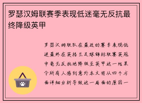 罗瑟汉姆联赛季表现低迷毫无反抗最终降级英甲 罗瑟汉姆联赛季表现低迷毫无反抗最终降级英甲