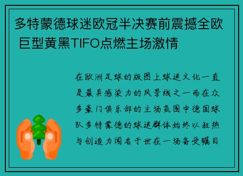 多特蒙德球迷欧冠半决赛前震撼全欧 巨型黄黑TIFO点燃主场激情